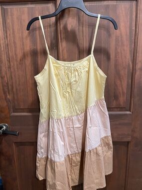 Tiered Spaghetti-Strap Midi Dress in Pale Yellow, Light tan & Beige